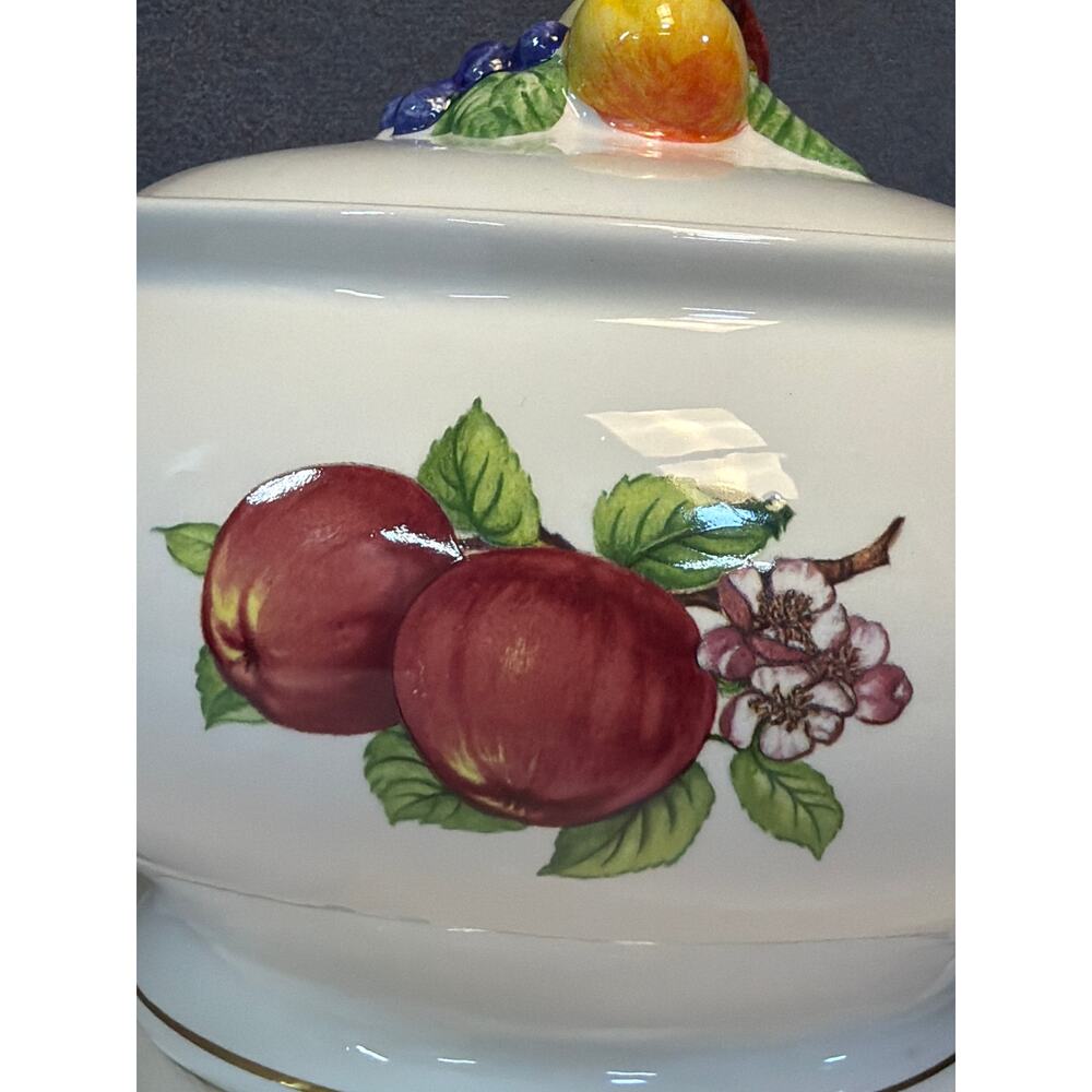 Vtg 1980s Teleflora Serving Bowl Lidded Fruit Pattern Gold Trim 8" Ceramic - Picture 2 of 10